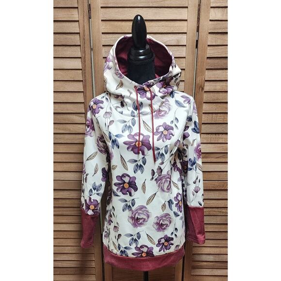 POL Women's White/Purple Floral Knit Hoodie Hooded Pullover Sweater Top Size L - Picture 2 of 8